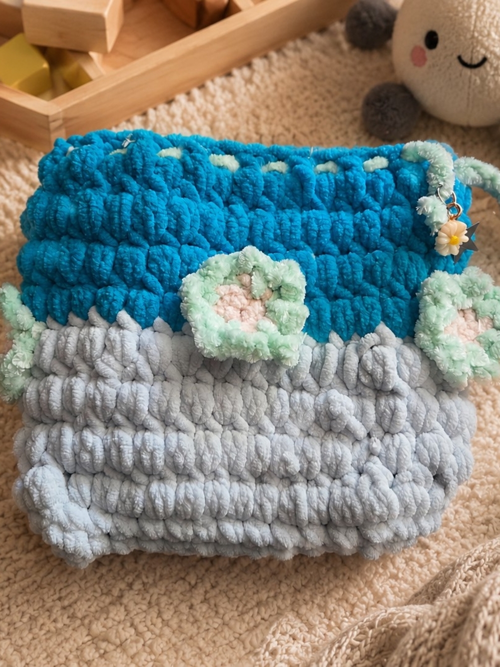 Handmade Plush Crochet Pouch in Teal & Light Gray with Floral Accents